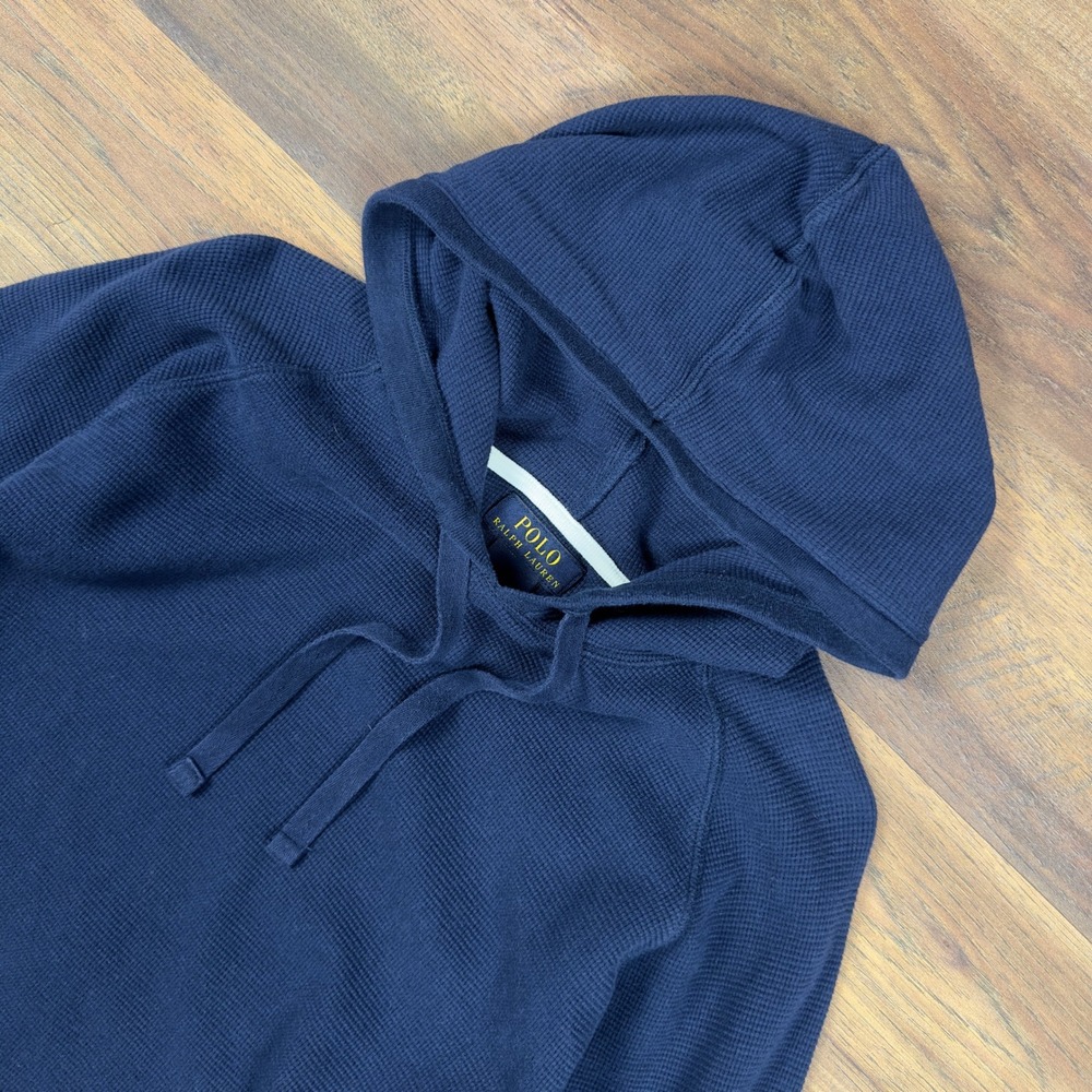 Polo Ralph Lauren Mens 2XL Navy Blue Waffle Knit Thermal Cotton Pullover Hoodie